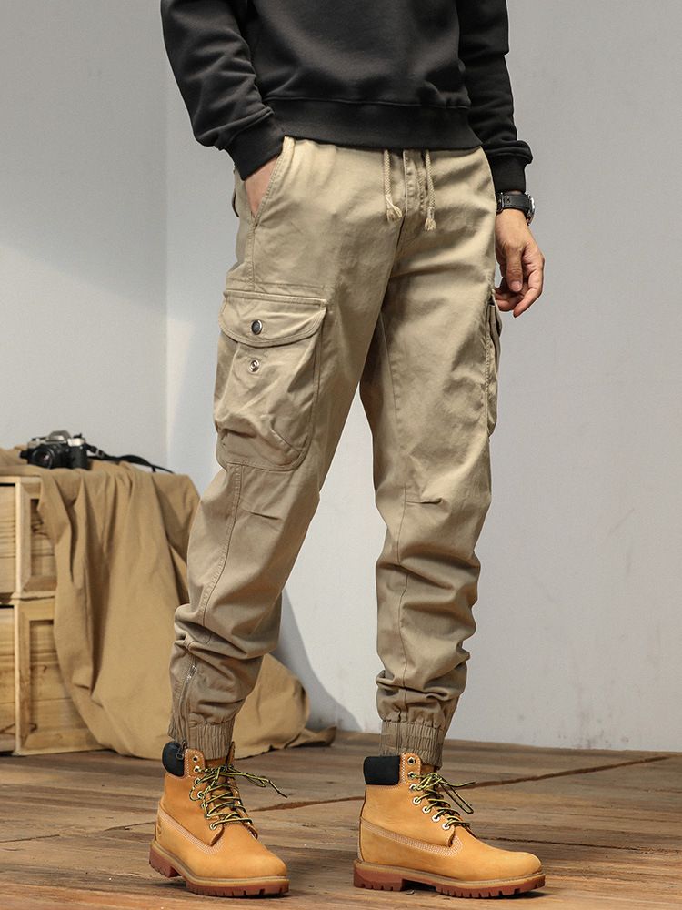 New Men Streetwear Zipper Leg Skinny Work Joggers Casual Trousers Multi Pockets Cotton Cargo Pants Casual
