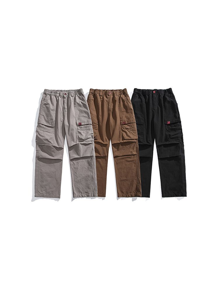 Elastic Waist Straight Casual Pants Cargo Style 6 Pocket Cotton Loose High waist Baggy Cargo Pants for men Autumn  Casual