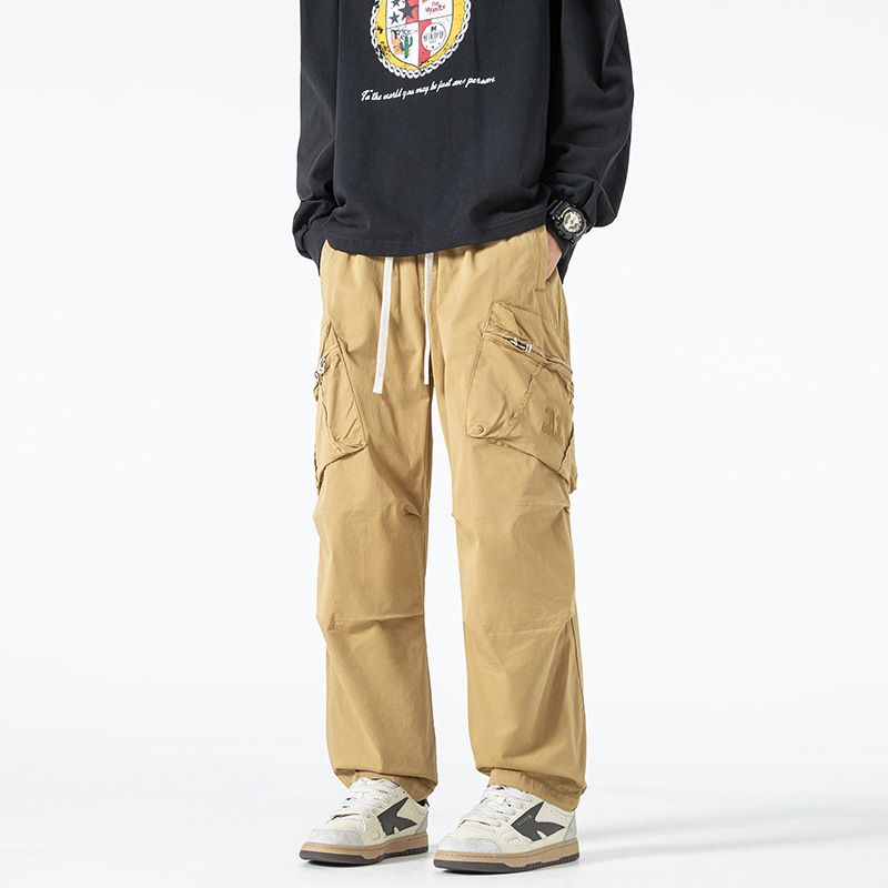 Stocked Men Washed Multi Pockets Cargo pant Cotton Trousers men's Drawstring Baggy Straight Cargo Pants Casual