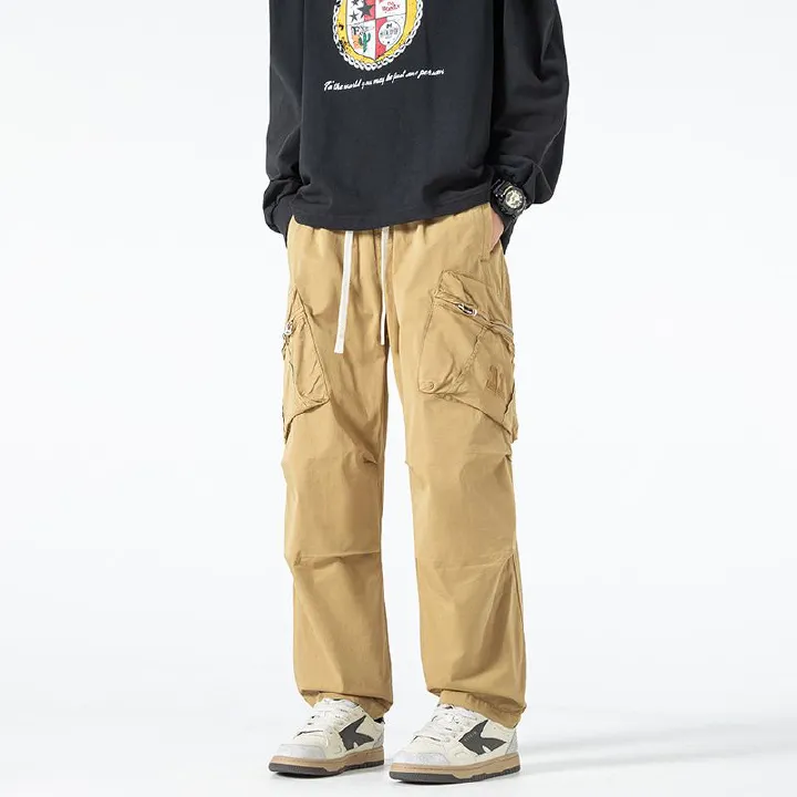 Stocked Men Washed Multi Pockets Cargo pant Cotton Trousers men's Drawstring Baggy Straight Cargo Pants Casual