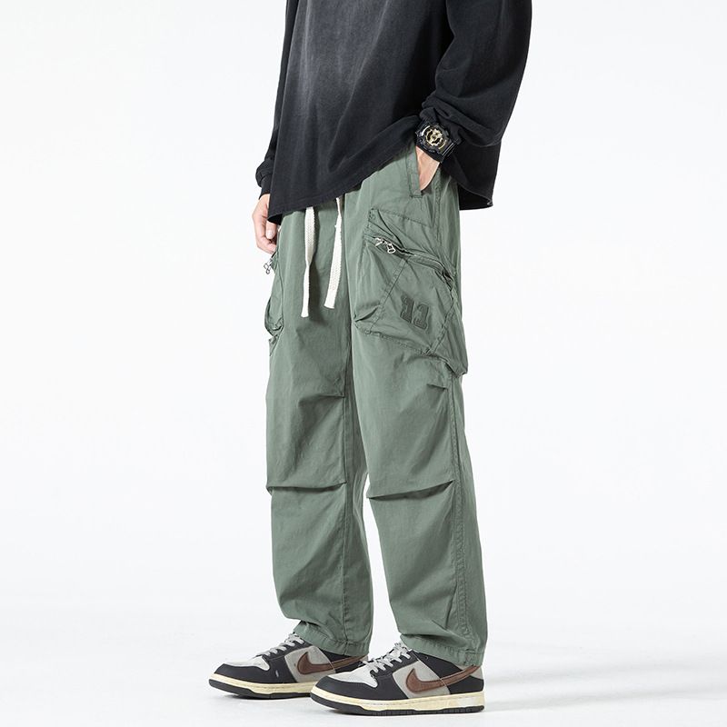 Stocked Men Washed Multi Pockets Cargo pant Cotton Trousers men's Drawstring Baggy Straight Cargo Pants Casual