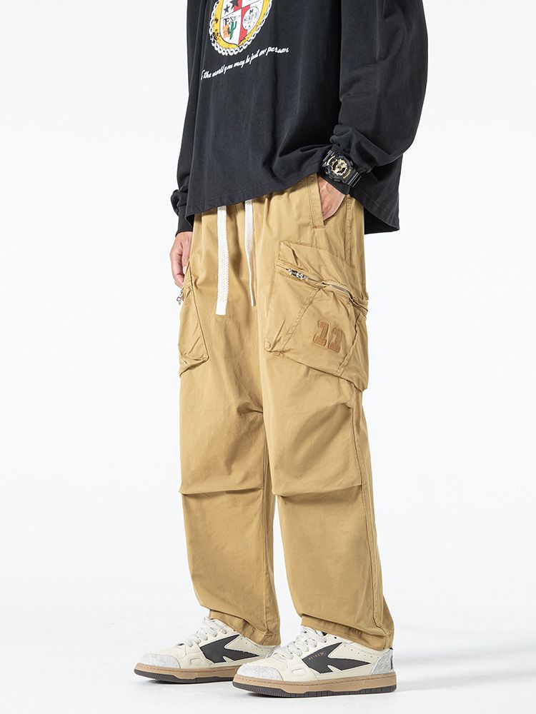 Stocked Men Washed Multi Pockets Cargo pant Cotton Trousers men's Drawstring Baggy Straight Cargo Pants Casual