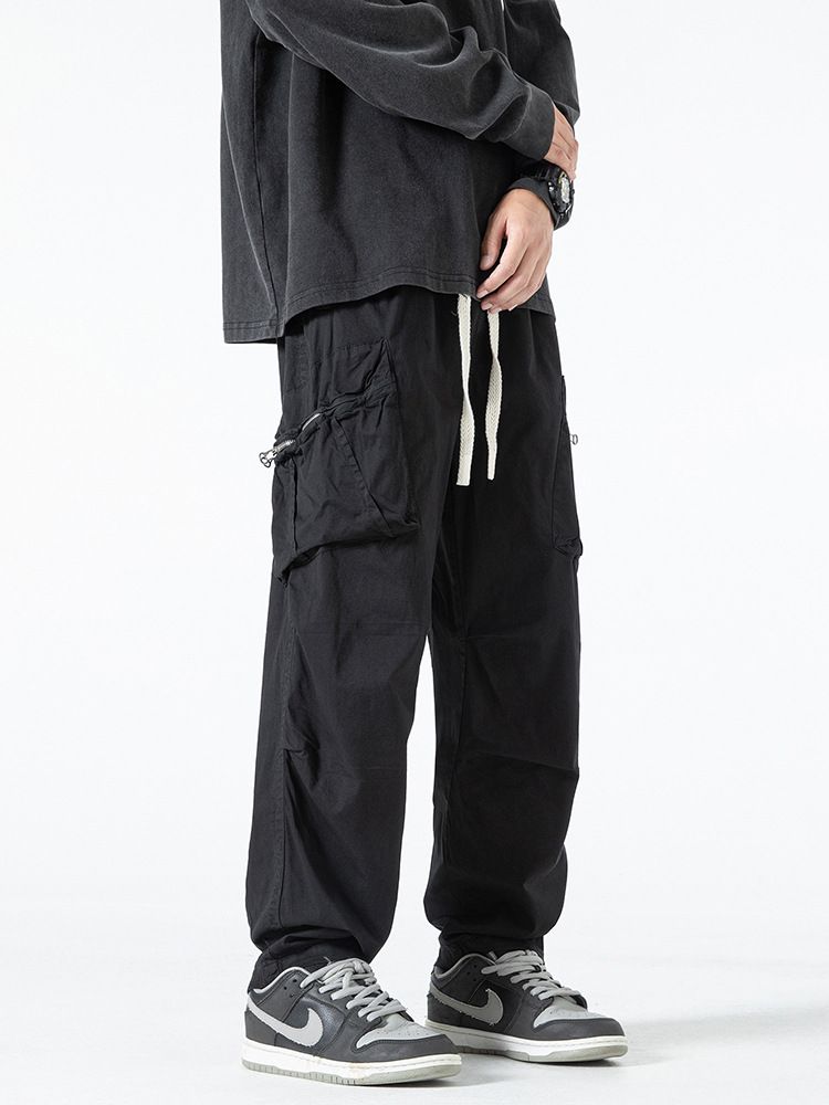 Stocked Men Washed Multi Pockets Cargo pant Cotton Trousers men's Drawstring Baggy Straight Cargo Pants Casual