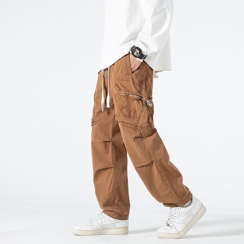 Stocked Men Washed Multi Pockets Cargo pant Cotton Trousers men's Drawstring Baggy Straight Cargo Pants Casual