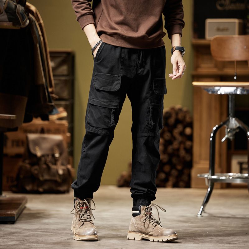 Wholesale custom grey classic drawstring men's casual side pocket elastic open slim pencil leg cotton cargo pants  Casual