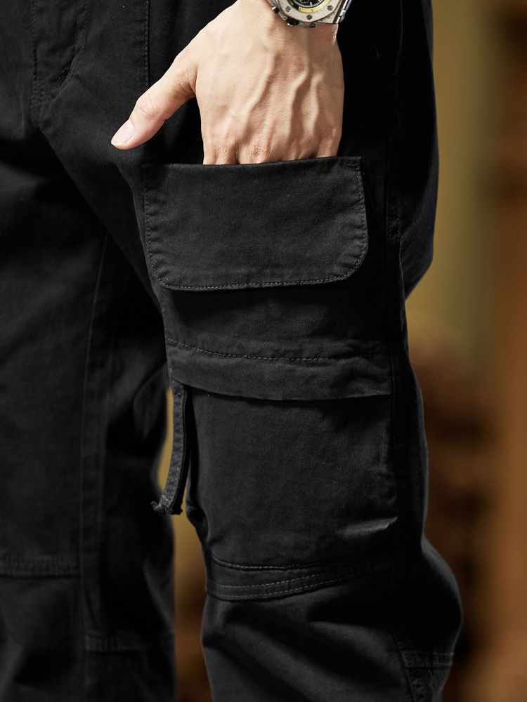 Wholesale custom grey classic drawstring men's casual side pocket elastic open slim pencil leg cotton cargo pants  Casual