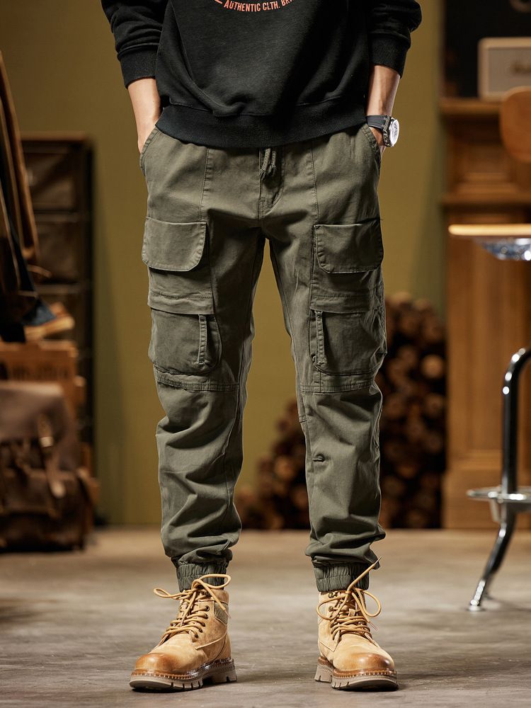 Wholesale custom grey classic drawstring men's casual side pocket elastic open slim pencil leg cotton cargo pants  Casual