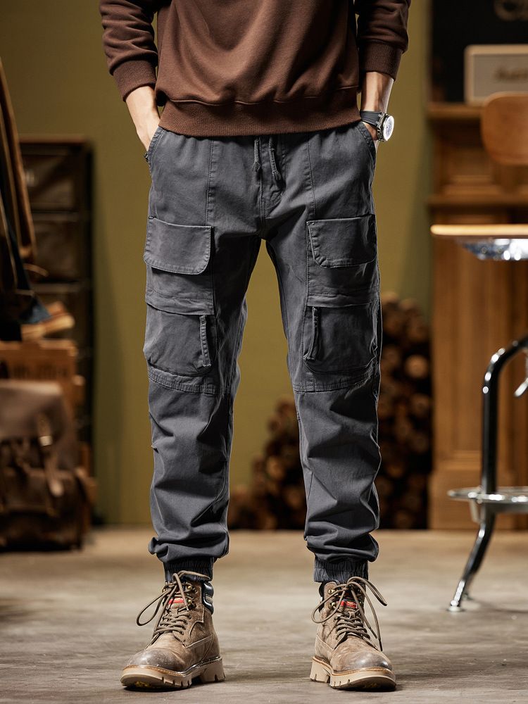 Wholesale custom grey classic drawstring men's casual side pocket elastic open slim pencil leg cotton cargo pants  Casual