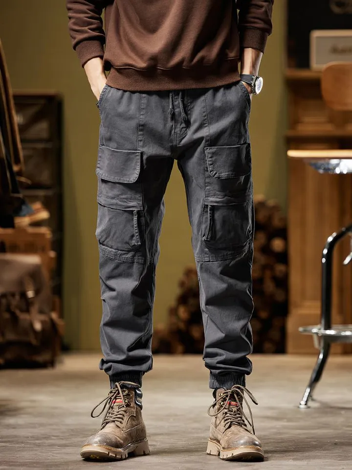 Wholesale custom grey classic drawstring men's casual side pocket elastic open slim pencil leg cotton cargo pants  Casual