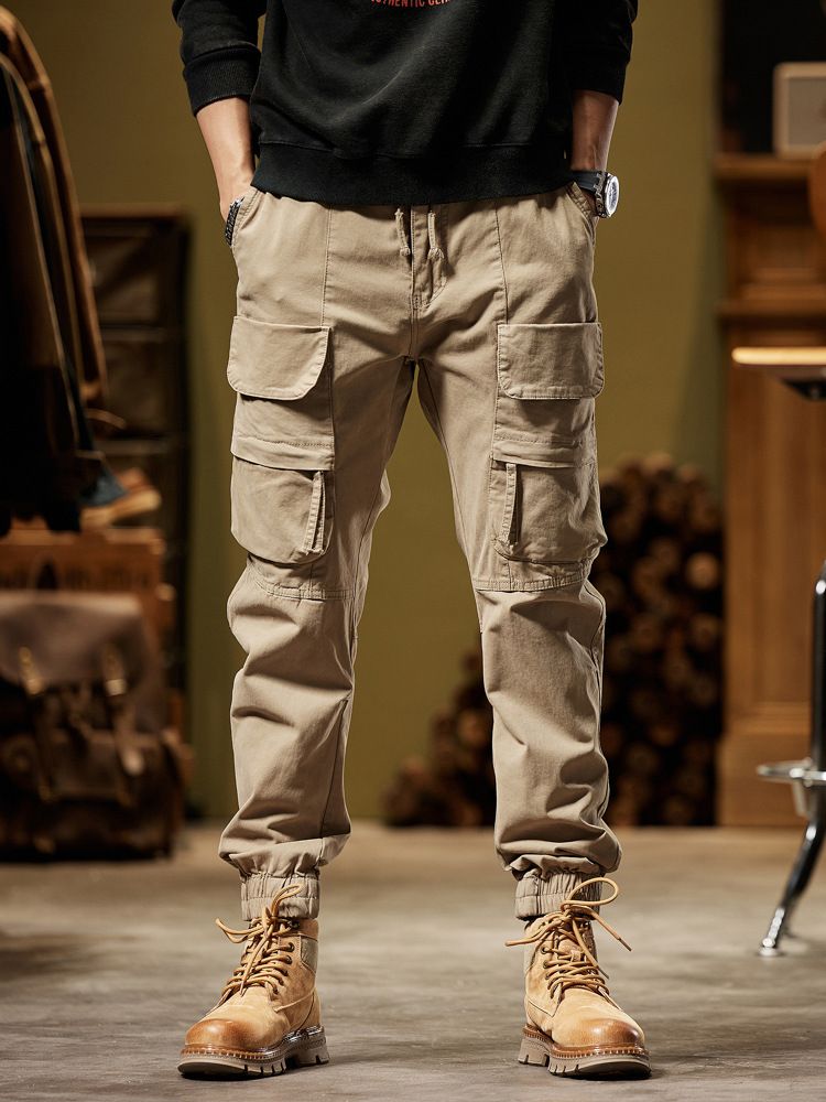 Wholesale custom grey classic drawstring men's casual side pocket elastic open slim pencil leg cotton cargo pants  Casual