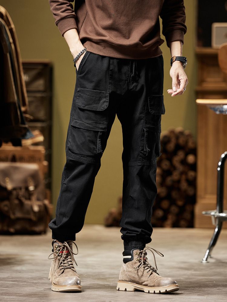 Wholesale custom grey classic drawstring men's casual side pocket elastic open slim pencil leg cotton cargo pants  Casual