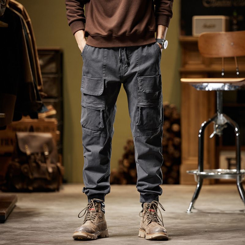 Wholesale custom grey classic drawstring men's casual side pocket elastic open slim pencil leg cotton cargo pants  Casual