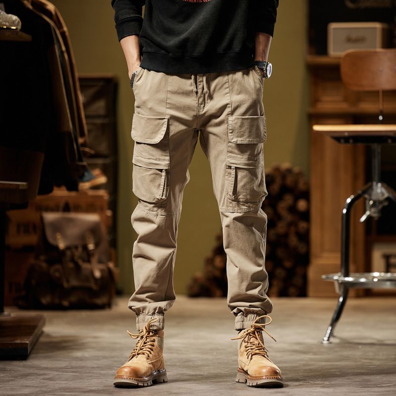 Wholesale custom grey classic drawstring men's casual side pocket elastic open slim pencil leg cotton cargo pants  Casual