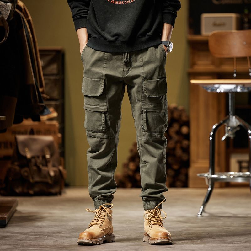 Wholesale custom grey classic drawstring men's casual side pocket elastic open slim pencil leg cotton cargo pants  Casual