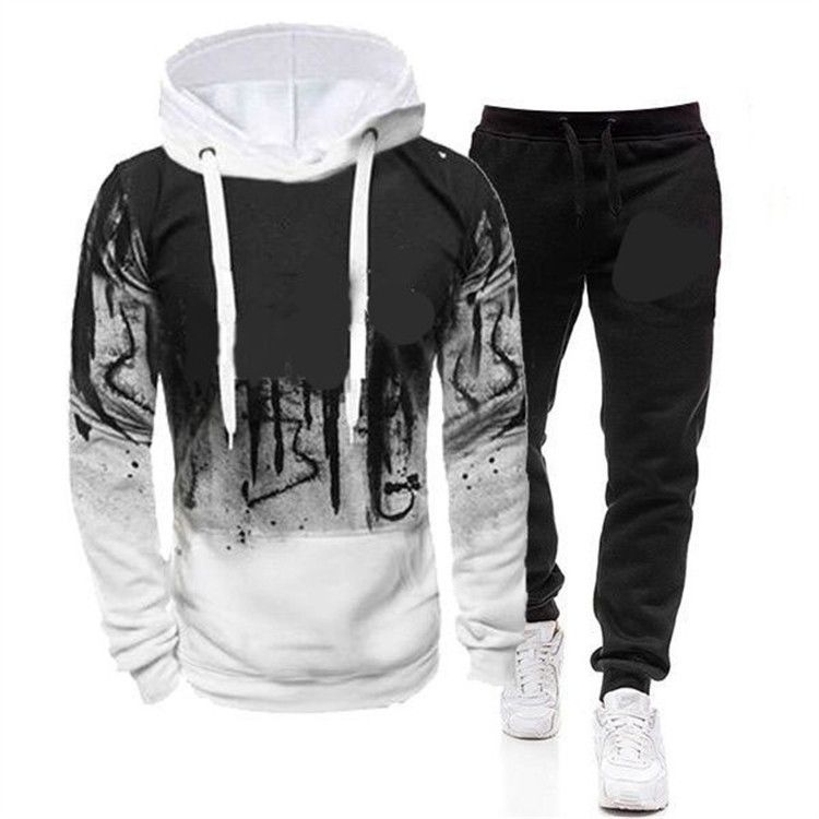 Custom Men's Sportswear Casual Hooded Suit Graffiti Print Fashion Simple Tracksuit  Two-Piece Outfits