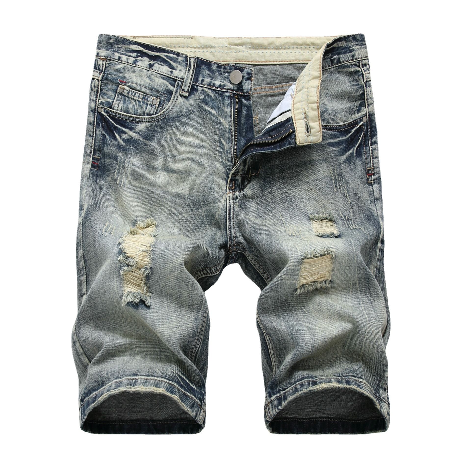 HO Hot Selling Men S Small Straight Leg Jeans Crossborder An Denim Perforated Shorts