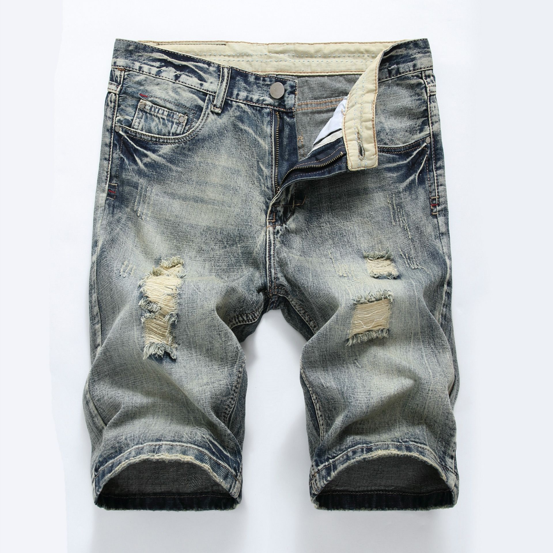 HO Hot Selling Men S Small Straight Leg Jeans Crossborder An Denim Perforated Shorts