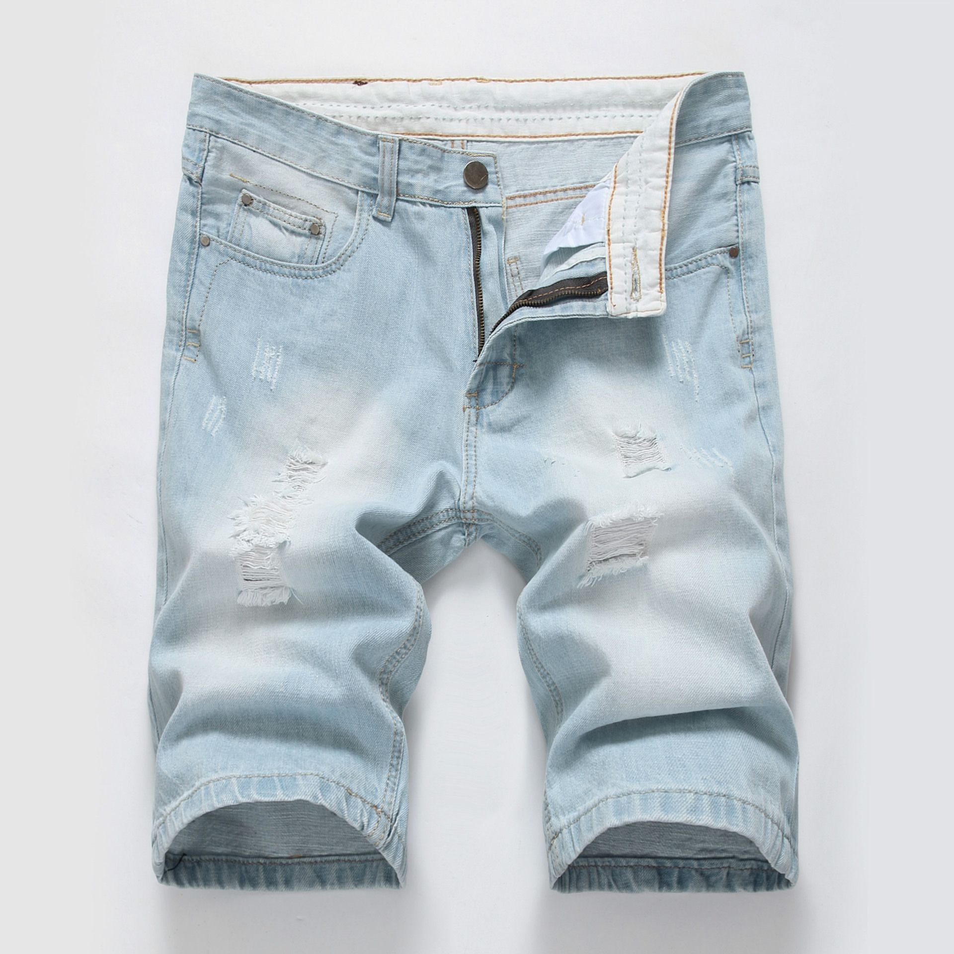 HO Hot Selling Men S Small Straight Leg Jeans Crossborder An Denim Perforated Shorts