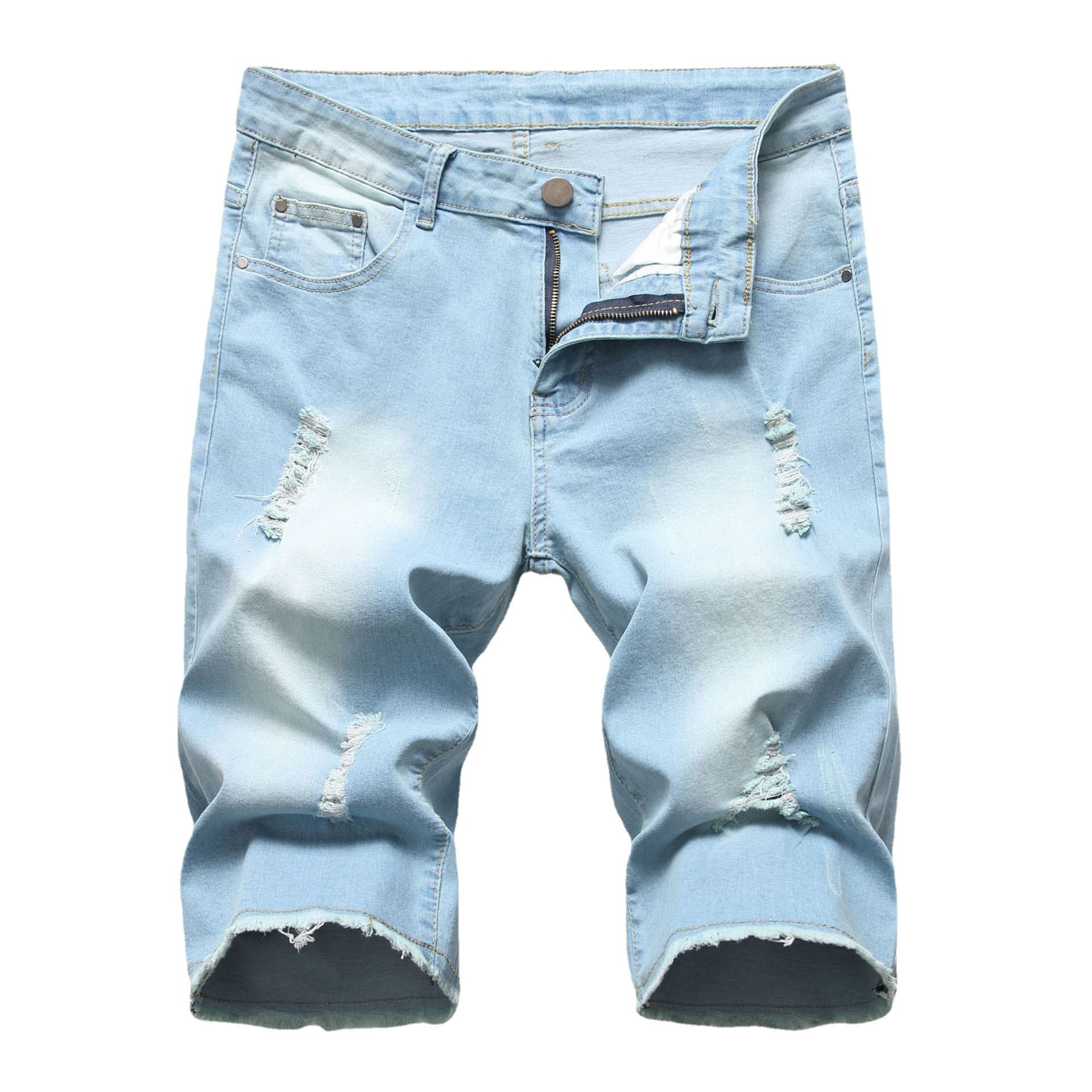 Factory Customizable Blue Distressed Jean Shorts for Men Unisex Hip-Hop Style Mid Waist Plus Size Canvas  Shorts