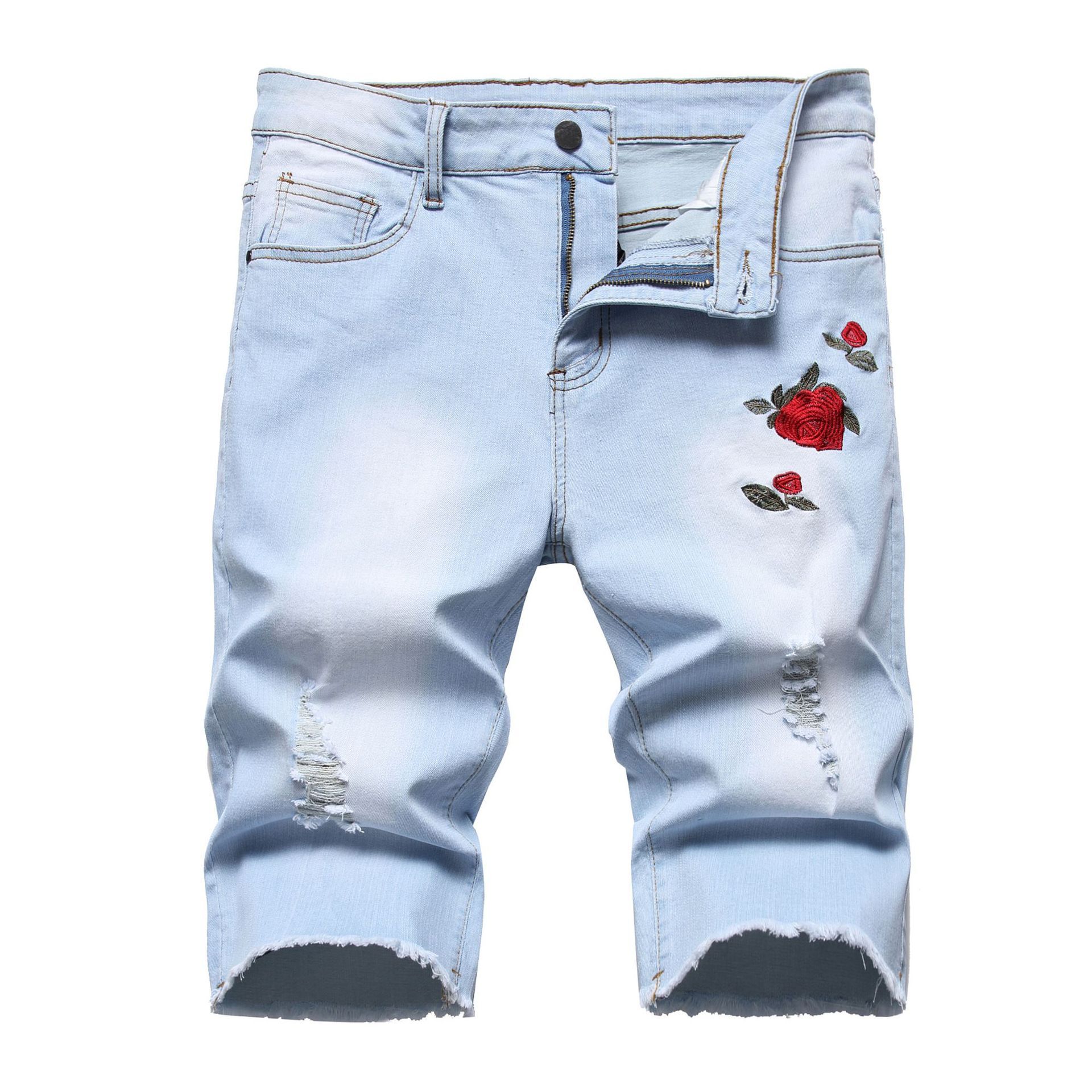Factory Customizable Blue Distressed Jean Shorts for Men Unisex Hip-Hop Style Mid Waist Plus Size Canvas  Shorts
