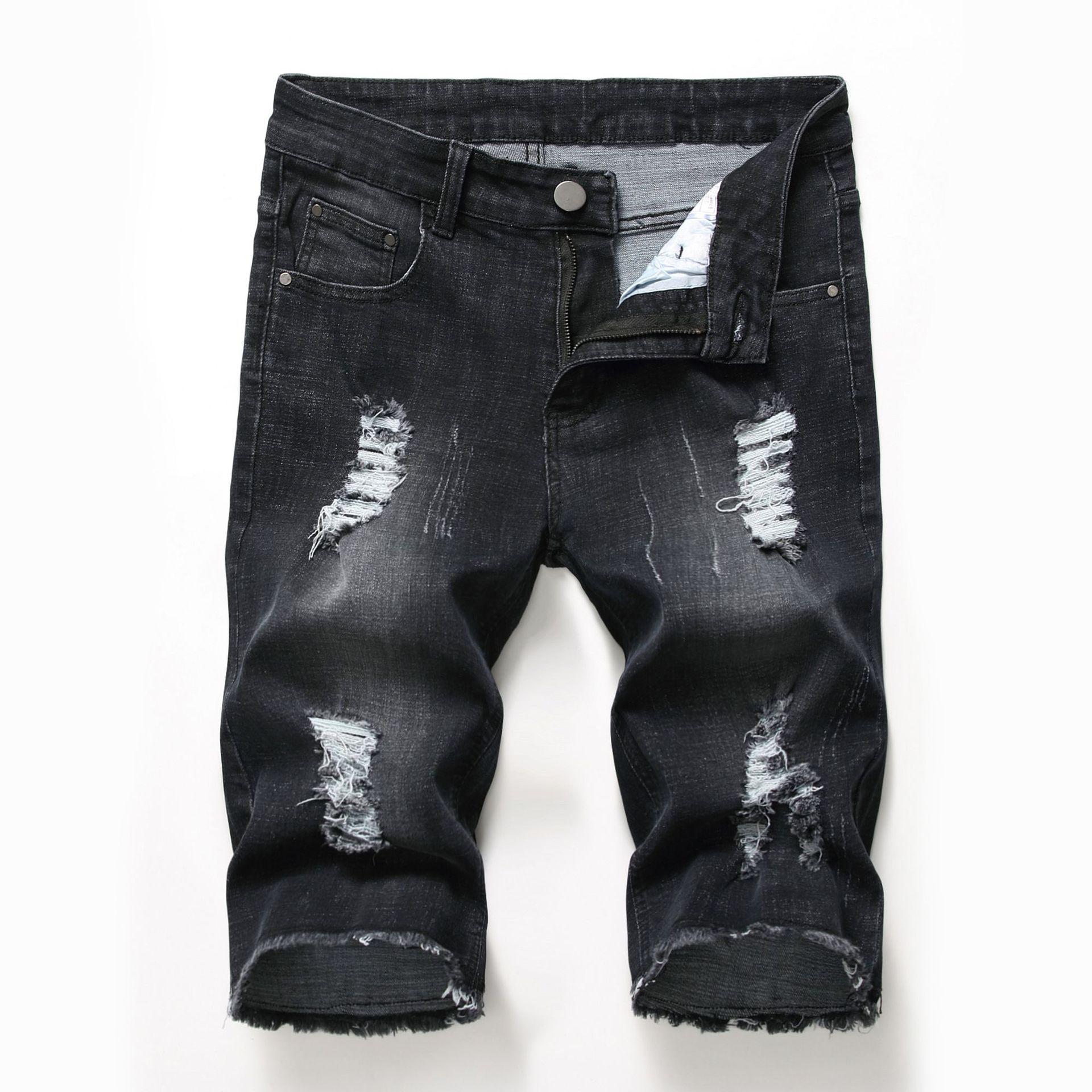 Factory Customizable Blue Distressed Jean Shorts for Men Unisex Hip-Hop Style Mid Waist Plus Size Canvas  Shorts