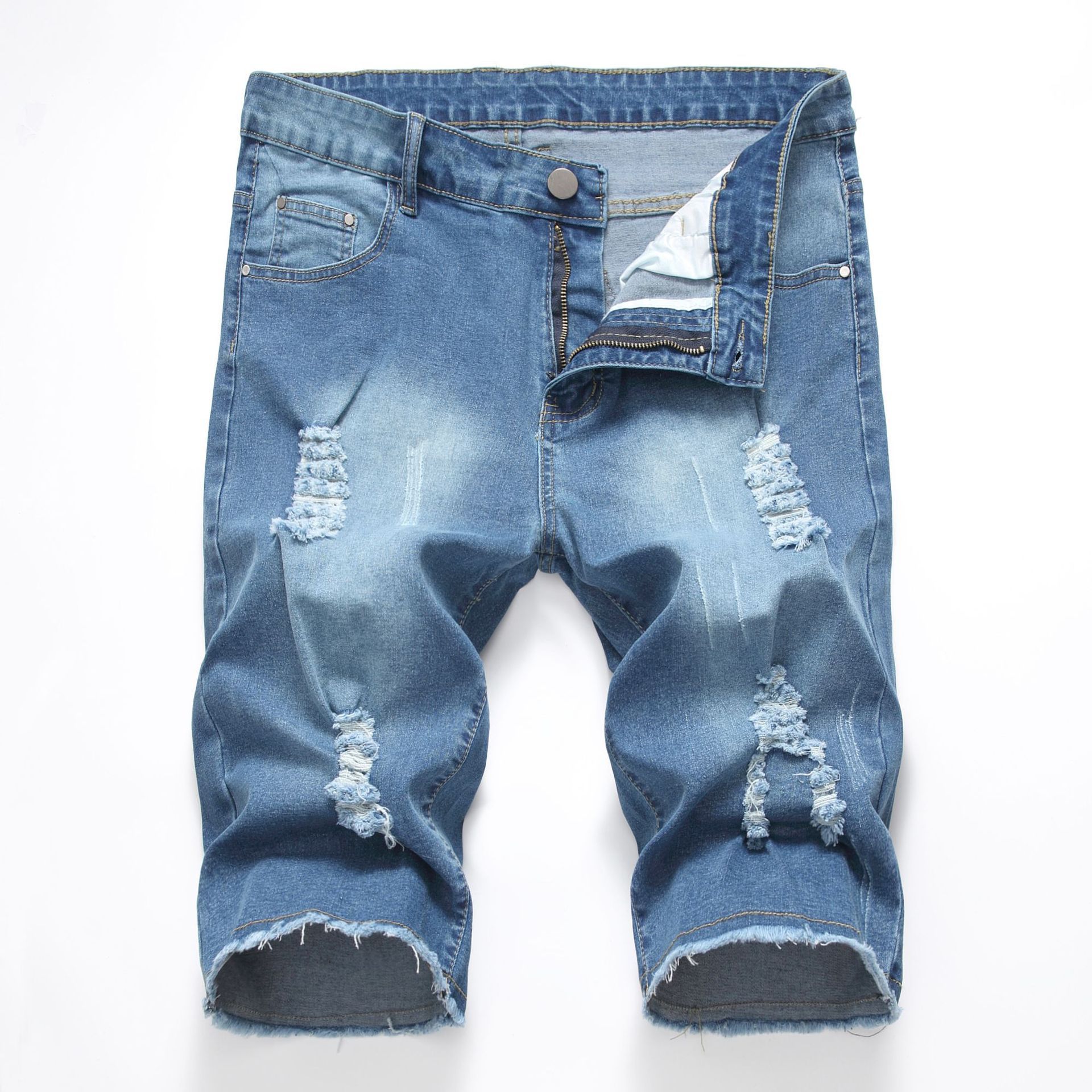 Factory Customizable Blue Distressed Jean Shorts for Men Unisex Hip-Hop Style Mid Waist Plus Size Canvas  Shorts