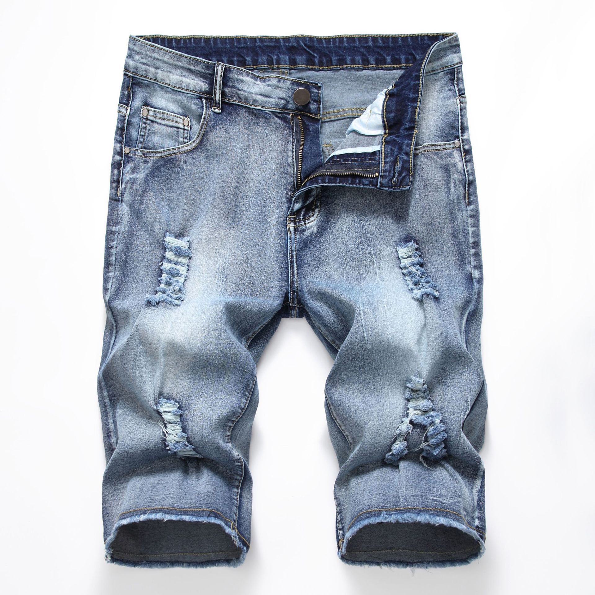 Factory Customizable Blue Distressed Jean Shorts for Men Unisex Hip-Hop Style Mid Waist Plus Size Canvas  Shorts