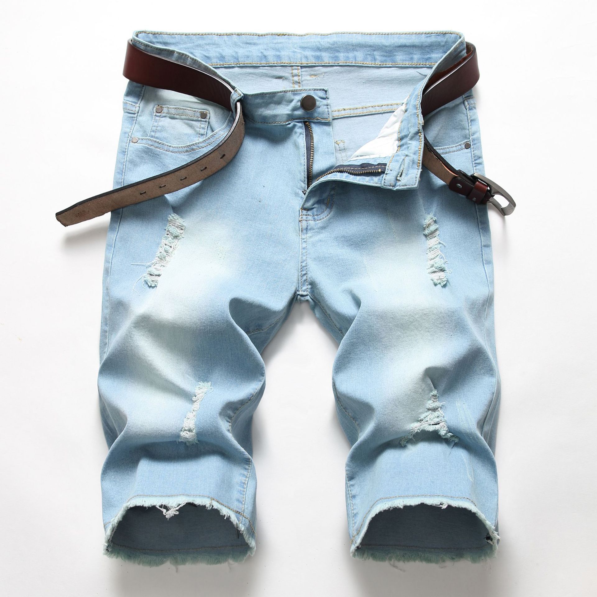 Factory Customizable Blue Distressed Jean Shorts for Men Unisex Hip-Hop Style Mid Waist Plus Size Canvas  Shorts