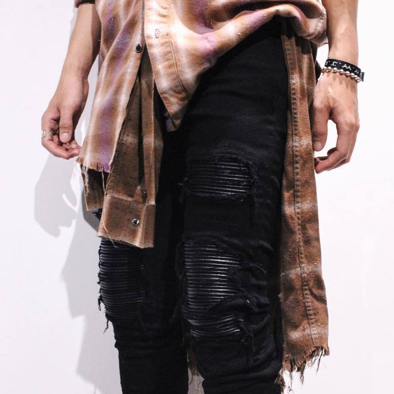 high street ripped black slim fit skinny jeans for men with leather stretch men's trousers  Men's Clothing Bottoms  Pants Casual