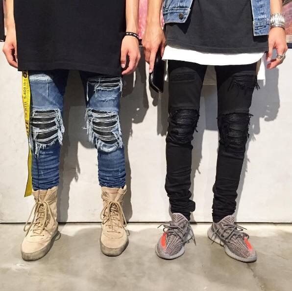 high street ripped black slim fit skinny jeans for men with leather stretch men's trousers  Men's Clothing Bottoms  Pants Casual