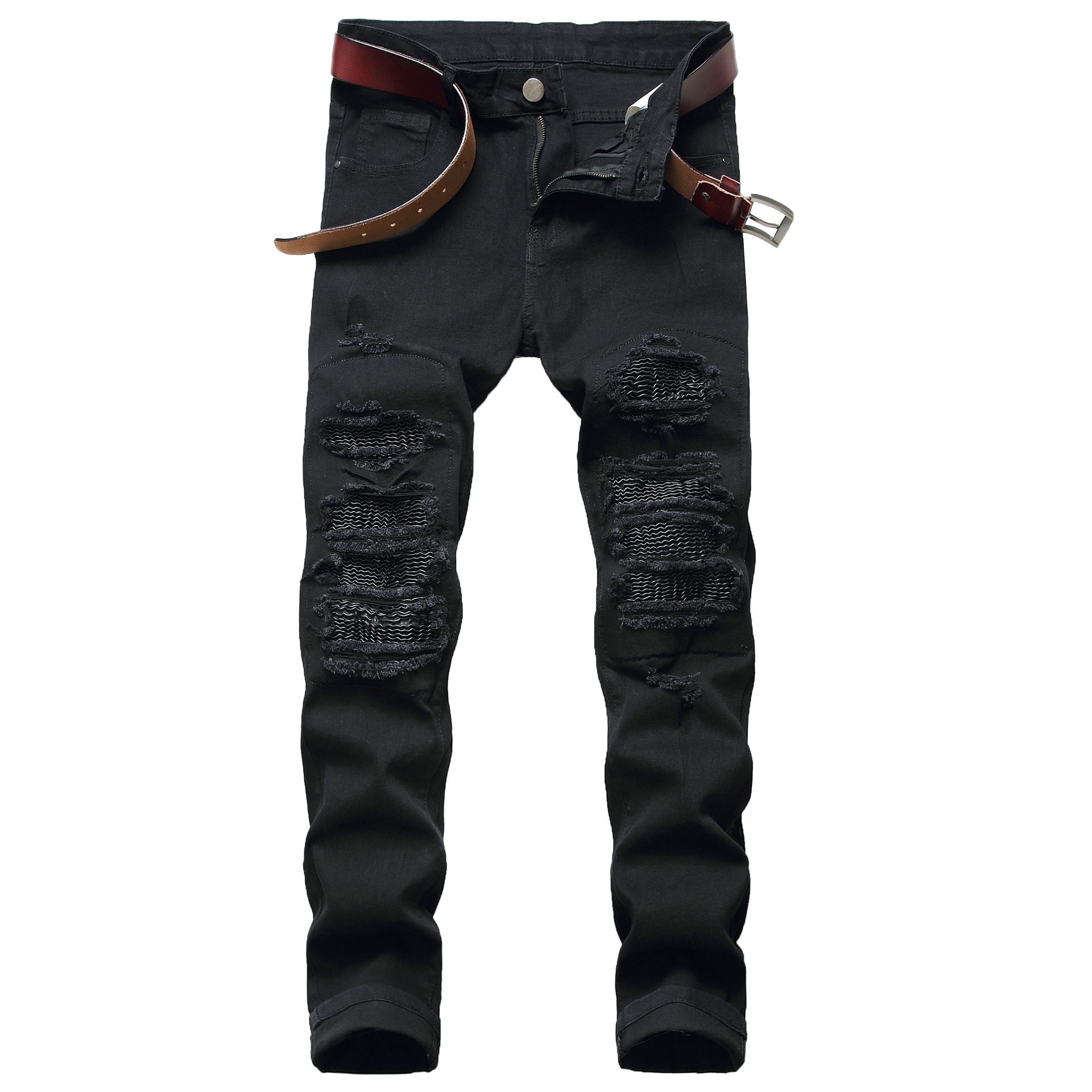 high street ripped black slim fit skinny jeans for men with leather stretch men's trousers  Men's Clothing Bottoms  Pants Casual