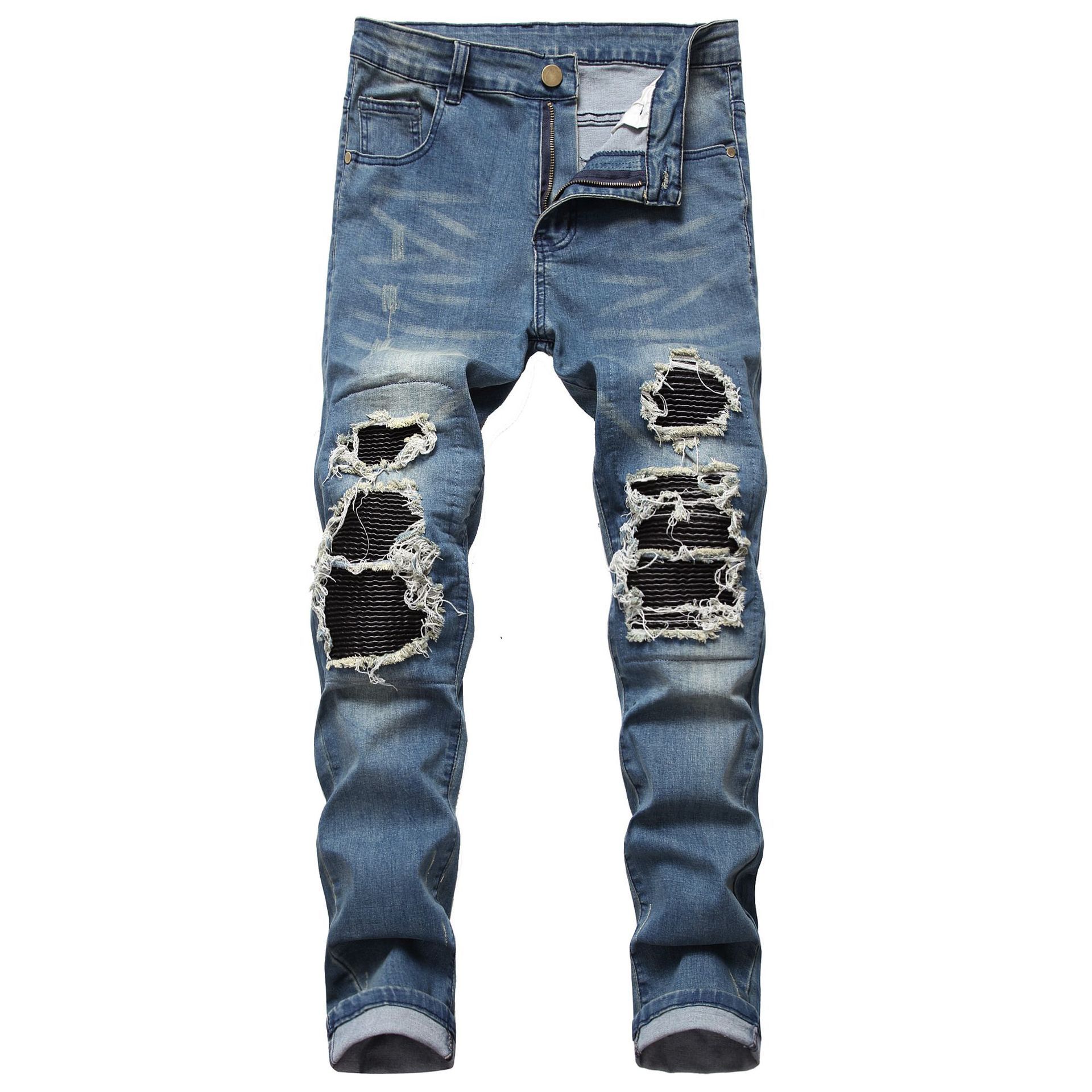 high street ripped black slim fit skinny jeans for men with leather stretch men's trousers  Men's Clothing Bottoms  Pants Casual
