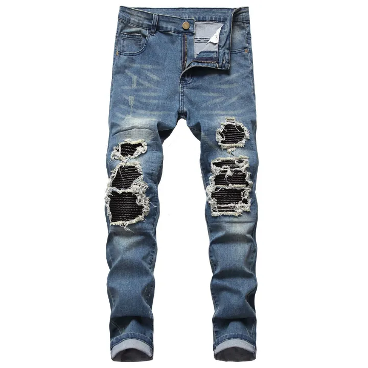 high street ripped black slim fit skinny jeans for men with leather stretch men's trousers  Men's Clothing Bottoms  Pants Casual