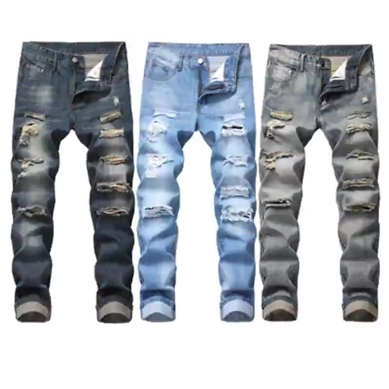 Hot Selling Men's Street Style Slim Fit Ripped Jeans Denim Hole Skinny Patched Jean Pants For Men Casual