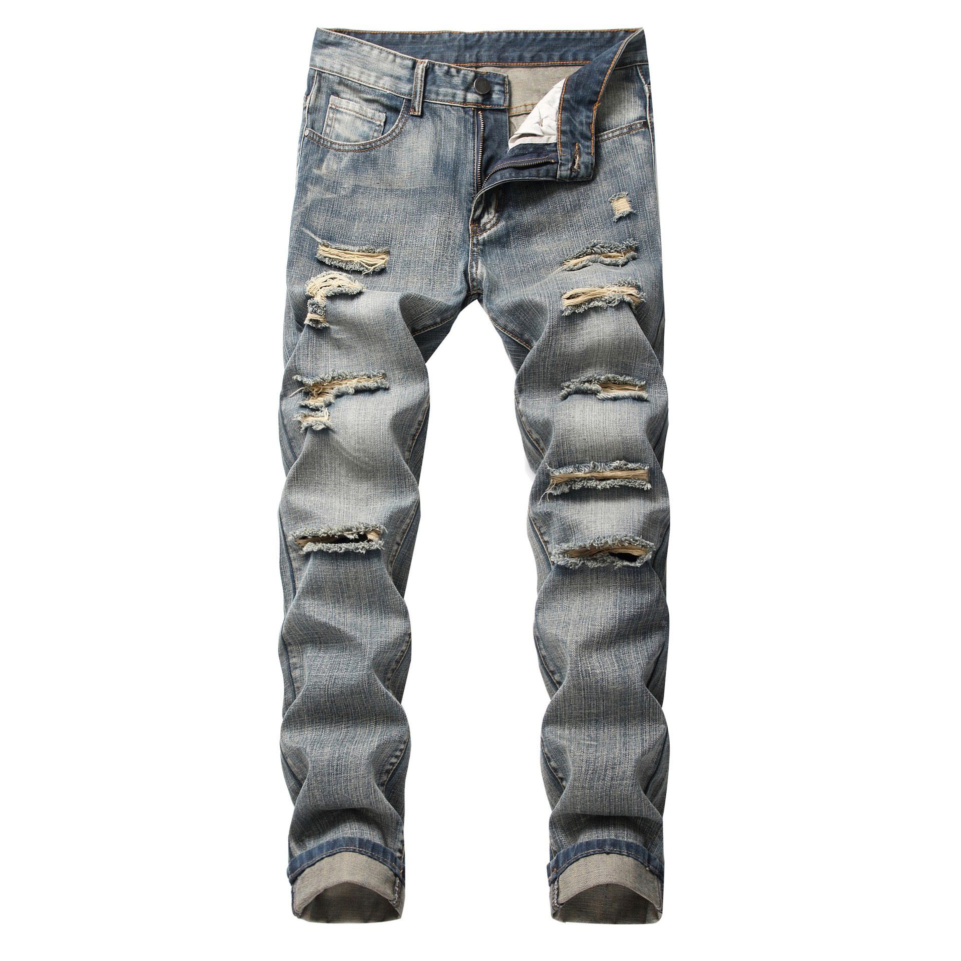 Hot Selling Men's Street Style Slim Fit Ripped Jeans Denim Hole Skinny Patched Jean Pants For Men Casual