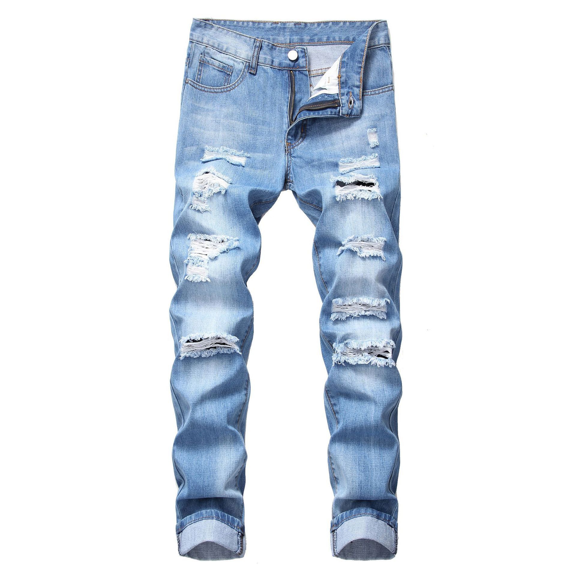 Hot Selling Men's Street Style Slim Fit Ripped Jeans Denim Hole Skinny Patched Jean Pants For Men Casual