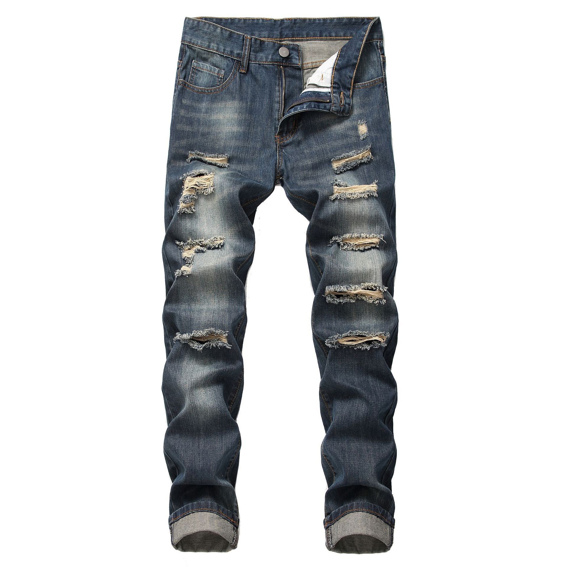 Hot Selling Men's Street Style Slim Fit Ripped Jeans Denim Hole Skinny Patched Jean Pants For Men Casual