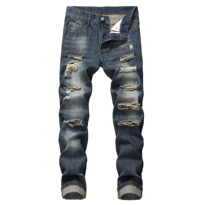 Hot Selling Men's Street Style Slim Fit Ripped Jeans Denim Hole Skinny Patched Jean Pants For Men Casual