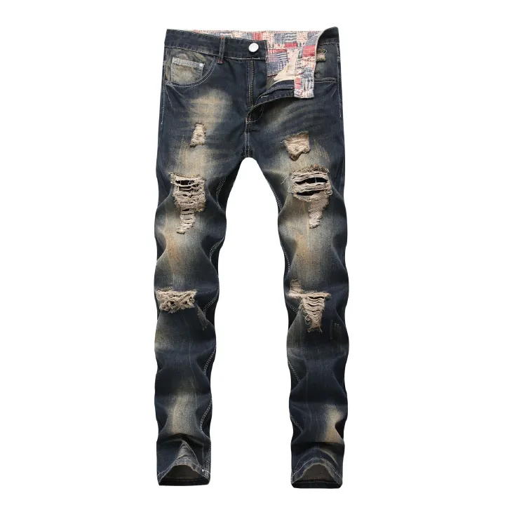 Hollow Out Stretchy Ripped Skinny Biker Slim Fit Denim Pants Motorcycles Wrinkles Pants Knee Hole Jeans Man  Jeans