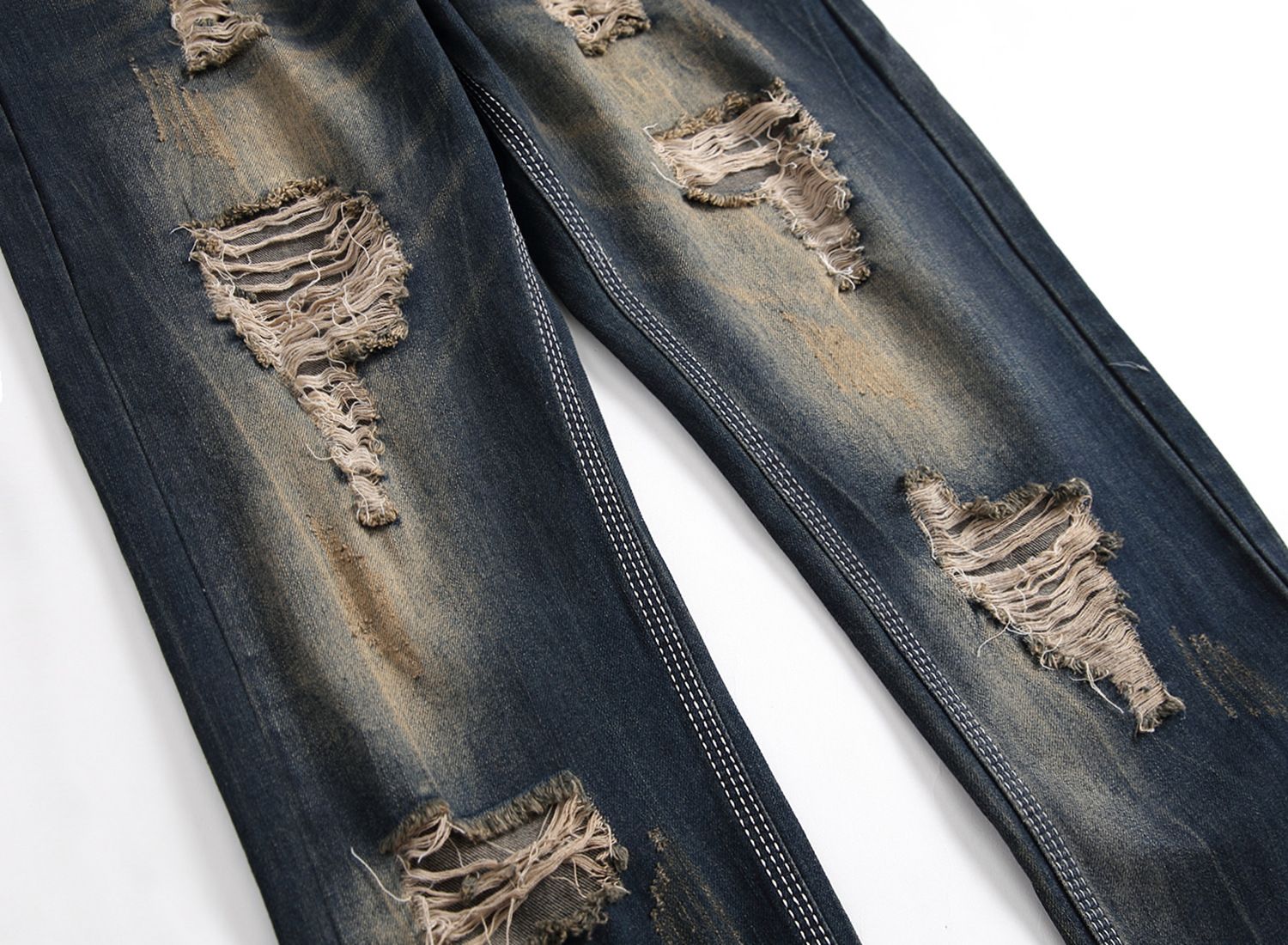 Hollow Out Stretchy Ripped Skinny Biker Slim Fit Denim Pants Motorcycles Wrinkles Pants Knee Hole Jeans Man  Jeans
