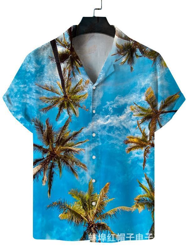 Men's Quick Dry Breathable Summer Shirt - Casual Beach Style Short Sleeve, Coconut Print, Polyester And Spandex Blend  Shirts