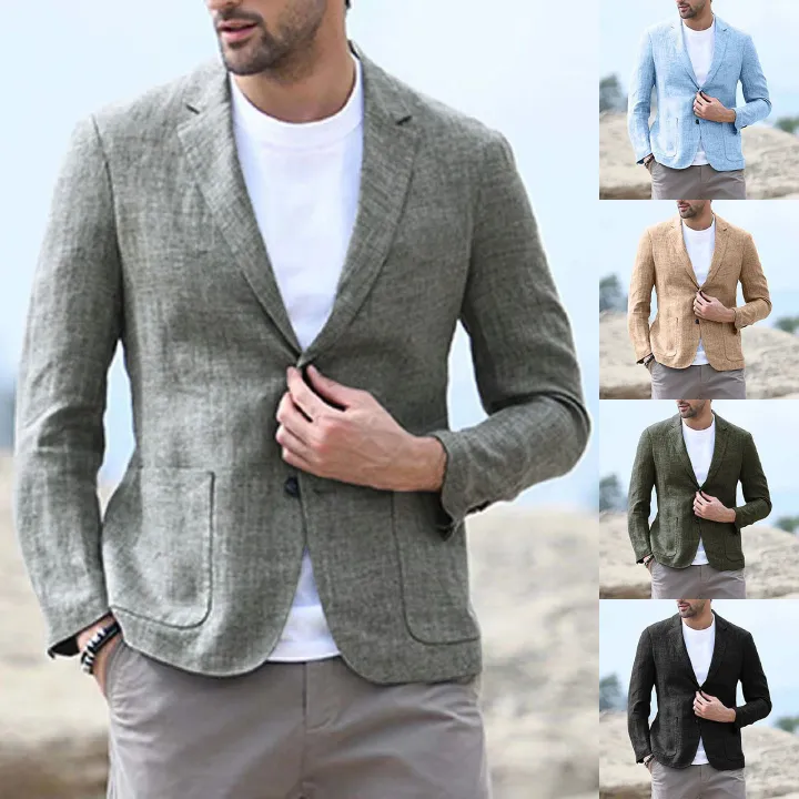 Men's Casual Fashion Suit European and American Linen Summer Men's Suit Jacket  Coats