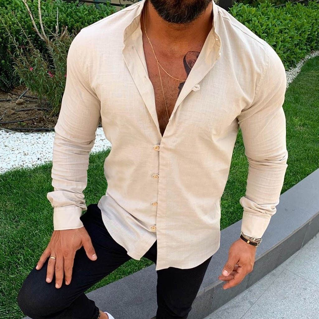 Chinese style button men's cotton linen shirts long sleeve stand collar casual comfortable blouse  new fashion  Shirts