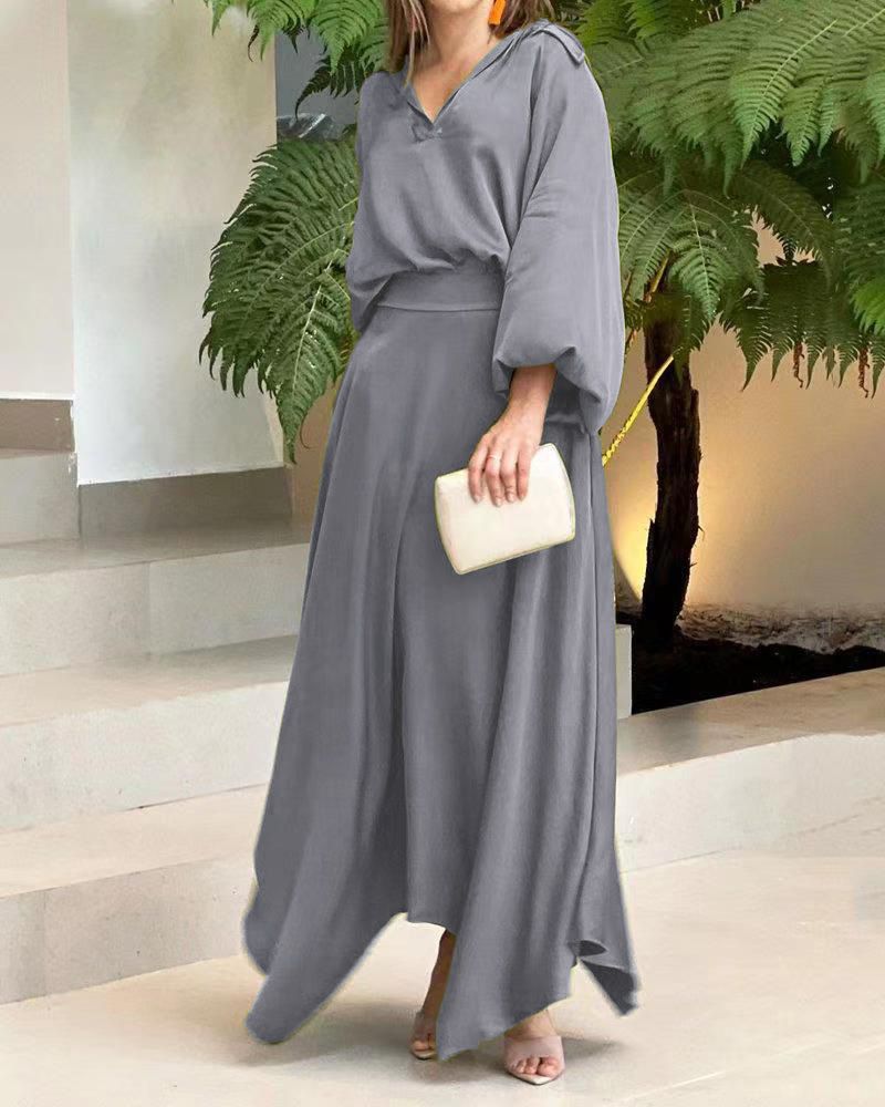 Elegant Muslim Women Long Sleeve V-Neck Loose Top and High Waist Skirts Set Abaya Dubai TurkeyOutfits Arab Clothes Women's Loose Solid Long Sleeve Top High Waist Women Skirt Sets Two Piece Outfits