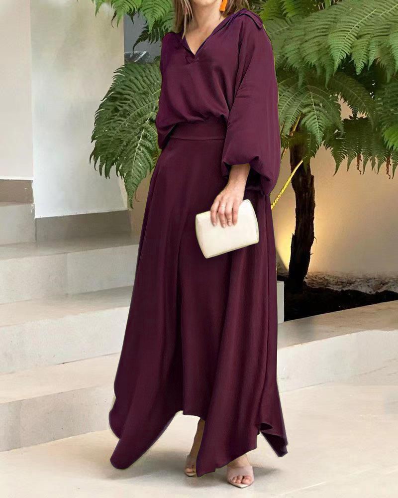Elegant Muslim Women Long Sleeve V-Neck Loose Top and High Waist Skirts Set Abaya Dubai TurkeyOutfits Arab Clothes Women's Loose Solid Long Sleeve Top High Waist Women Skirt Sets Two Piece Outfits