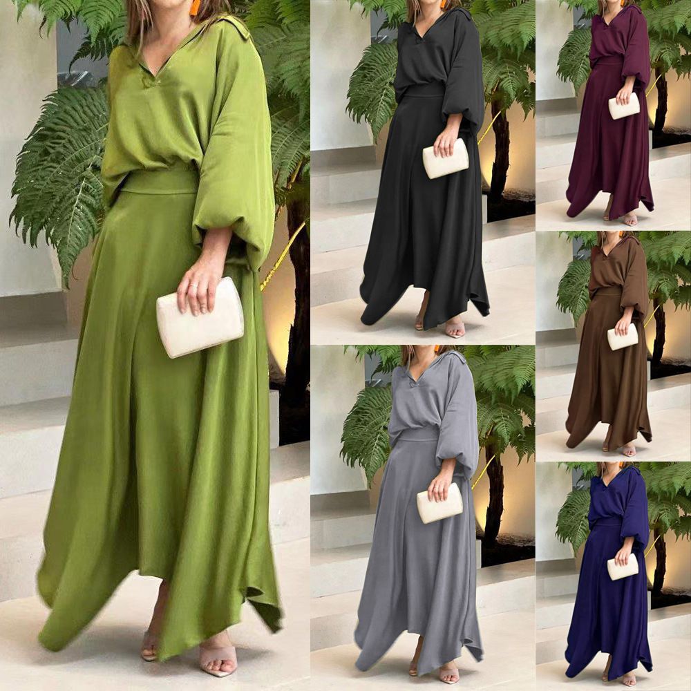 Elegant Muslim Women Long Sleeve V-Neck Loose Top and High Waist Skirts Set Abaya Dubai TurkeyOutfits Arab Clothes Women's Loose Solid Long Sleeve Top High Waist Women Skirt Sets Two Piece Outfits