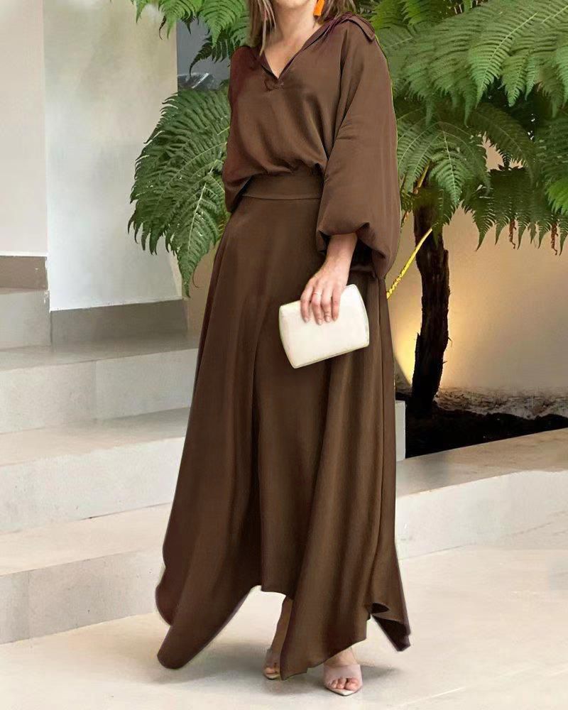 Elegant Muslim Women Long Sleeve V-Neck Loose Top and High Waist Skirts Set Abaya Dubai TurkeyOutfits Arab Clothes Women's Loose Solid Long Sleeve Top High Waist Women Skirt Sets Two Piece Outfits