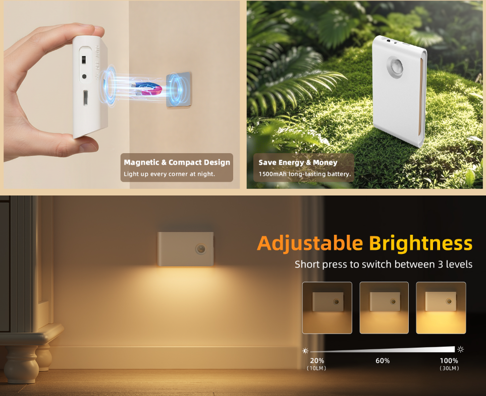 Wireless Motion Sensor Stair Light Indoor, 50000h Rechargeable 4000mAh, Magnetic & Dimmable,  Soft White or Warm Light, Wireless Night Lights for Hallway, Stairway, Bathroom, Bedroom