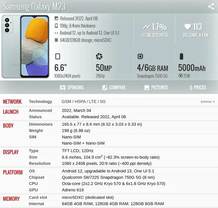 Refurbished Phone Samsung Galaxy M23 6.6 inch 4GB+128GB single sim 50mp+8mp 5000mah clean screen Samsung M23 smartphone