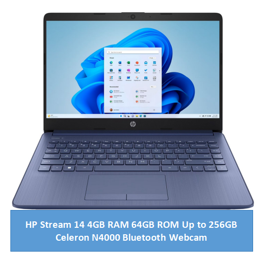 HP Stream 14 Laptop 4GB RAM 64GB SSD ROM up to 256 GB via SD Card Windows 11 Celeron N4120 Bluetooth Webcam Student Professional laptop Refurbished HP Laptops